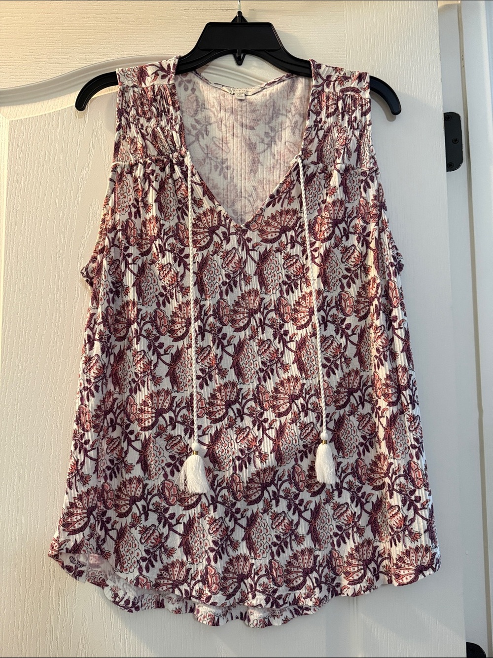 Lucky Brand White Tank with Burgundy Floral Print and Tassel Ties